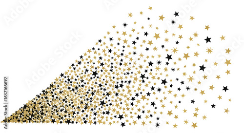 Dynamic explosion of black and gold star silhouettes creates a festive, celebratory, and elegant cascade perfect for special occasions and design projects