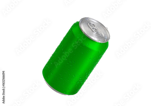 Green Aluminum soda can with water drops, transparent background
