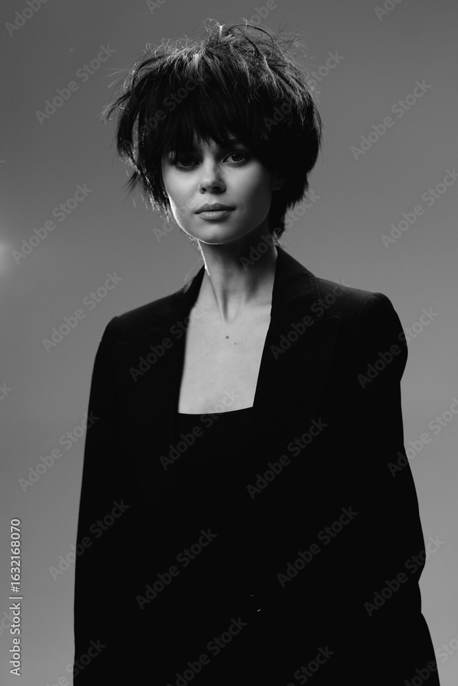 Φωτογραφία Black and white portrait of a young woman with short hairstyle wearing a dark blazer, expressionless with soft lighting and studio background