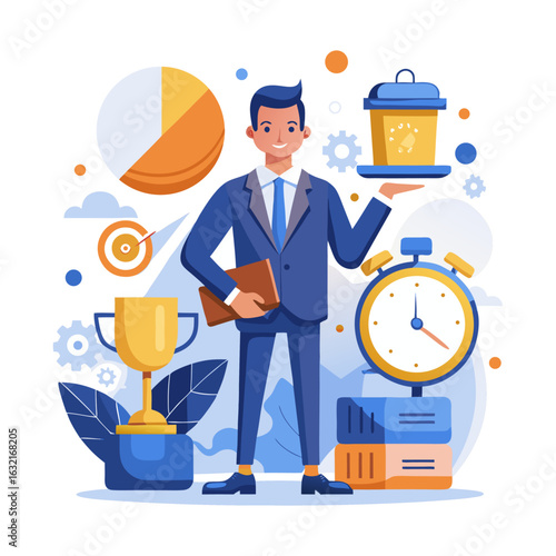 Confident CEO Practicing Effective Time Management with Clock and Calendar – Business Leadership Vector Illustration for Productivity and Success