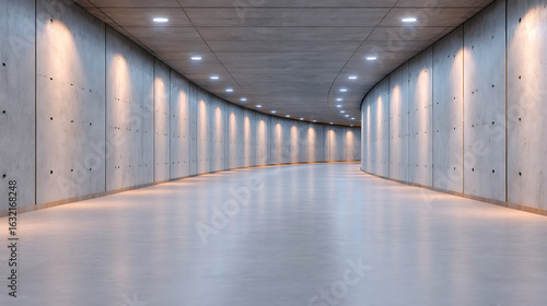 Dark Concrete Tunnel with Overhead Lights Reflecting on the Floor in Gray Tones