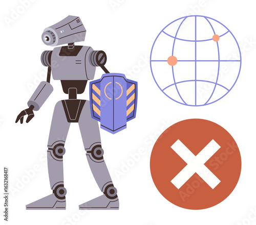 Humanoid robot holding a shield, global network with connection points, and prohibition mark. Ideal for security, AI, innovation, technology, protection surveillance digital safety. Modern flat