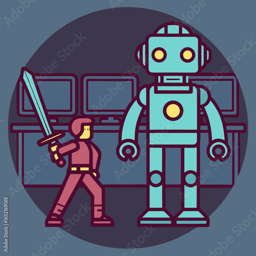 Hero with sword confronts giant robot in futuristic tech office setting