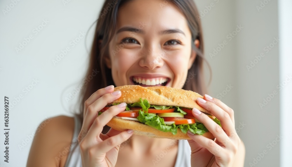 Joyful woman holding a delicious sandwich Joyful woman holding a delicious sandwich