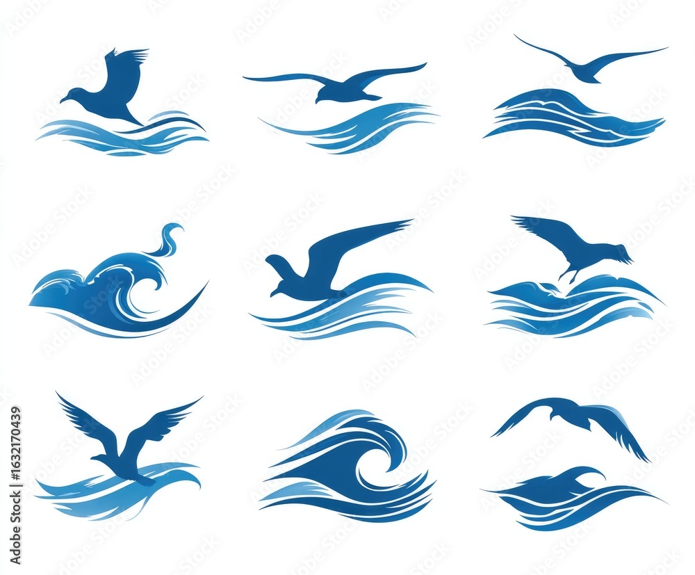 Obraz premium Seagull and wave graphic set
