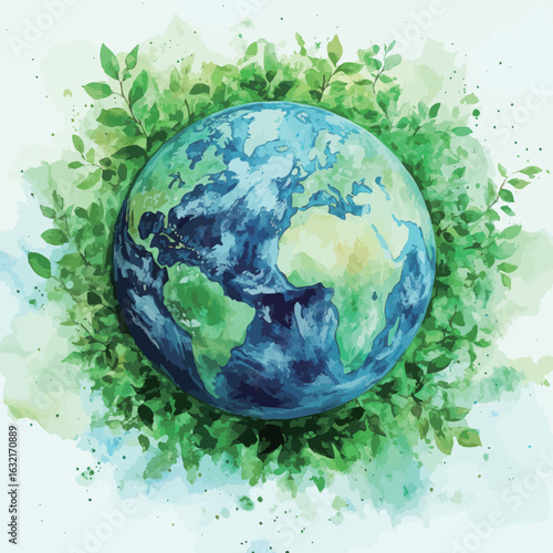 A painting of the Earth with a greenish tint. The painting is of a globe with a greenish tint, and it has a watery appearance