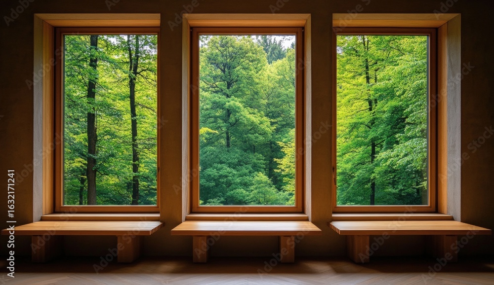 Fototapeta premium A serene interior view featuring three wooden-framed windows, showcasing lush green trees outside, creating a peaceful connection with nature.