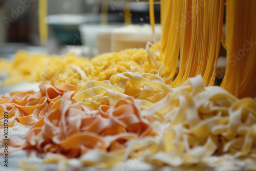 An assortment of various pasta types with ingredients like tomatoes, basil, and olives, showcasing Italian cuisine.