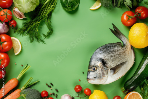 Fresh fish with lemon, tomatoes, cucumbers, and basil on a green background, perfect for healthy cooking inspiration.