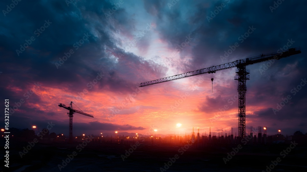 Fototapeta premium Silhouetted construction cranes against a vibrant sunset sky