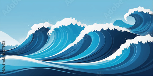 An ocean wave crashes under a vibrant blue sky with soft, illuminated clouds