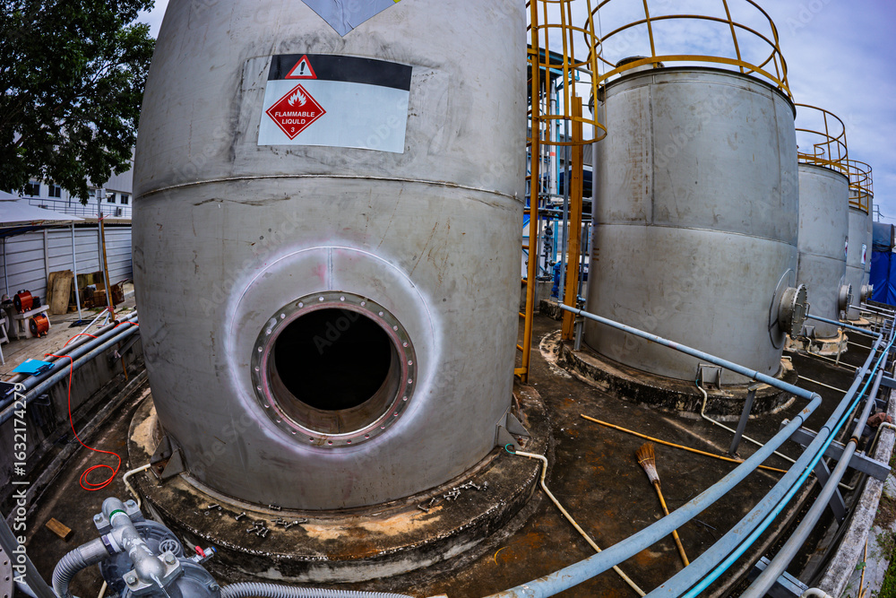 Stainless vertical steel tanks with equipment tank chemical cellar at the with stainless steel tanks cleaning Stainless vertical steel tanks with equipment tank chemical cellar at the with stainless steel tanks cleaning