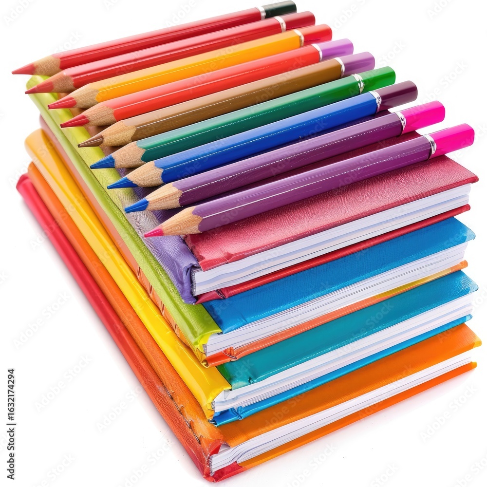 Colorful notebooks and pencils stacked high Colorful notebooks and pencils stacked high