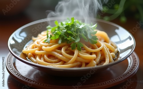 Steaming Pho noodles with fresh herbs on lacquer tray, representing Vietnam's inviting National Day cuisine. High quality