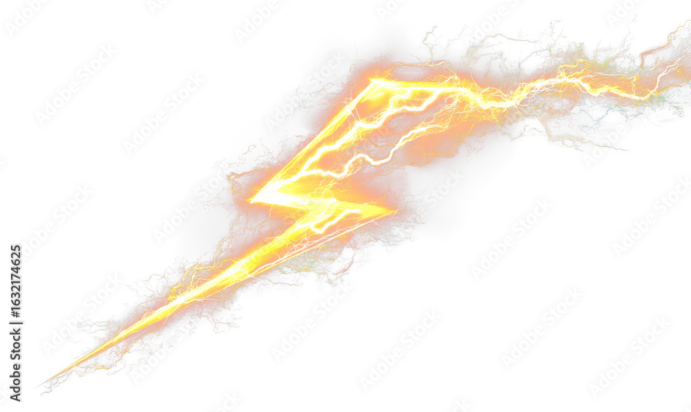 Obraz premium Bright Lightning Bolt with Dynamic Electric Energy Overlay Isolate on Transparent Background, cutout, png