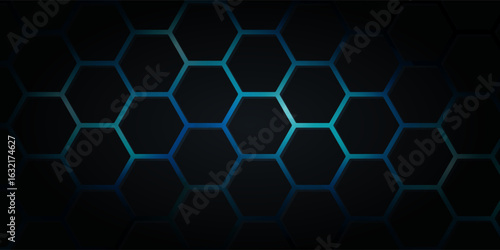 Dark blue technology hexagonal vector background. Abstract blue bright energy flashes under hexagon in navy blue technology, modern, futuristic vector illustration.