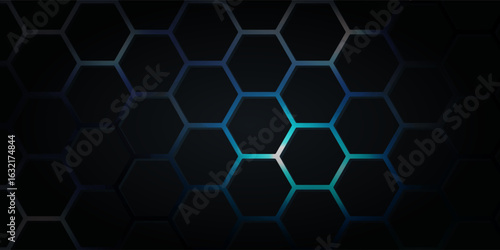 Dark blue technology hexagonal vector background. Abstract blue bright energy flashes under hexagon in navy blue technology, modern, futuristic vector illustration.