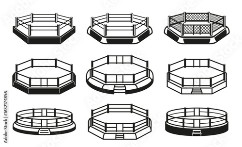 Vector set of octagonal rings used in combat sports. Each variant highlights unique features of the ring, creating a variety of competition conditions.