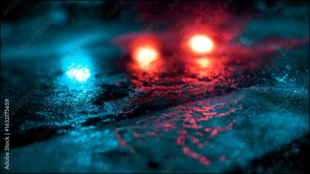 Obraz premium Glowing red and blue emergency lights reflecting on wet pavement in dramatic night scene.