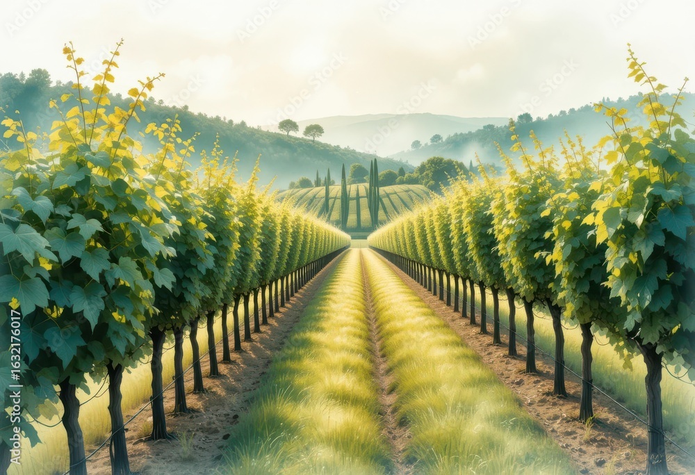 Fototapeta premium Transparent Vineyard Delicate Watercolor Painting of Vines