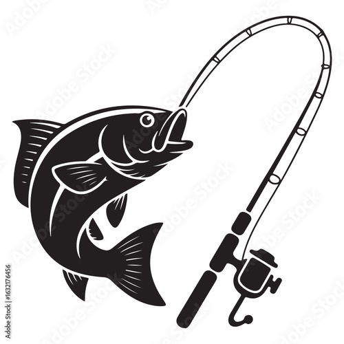 Fish and fishing rod, Fish and fishing rod jumping silhouette