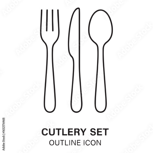 Minimal Cutlery Set Outline Icon – Fork, Knife, Spoon, isolated, cutlery, white, silverware, silver, kitchen, food, utensil, metal, dinner, set, restaurant, table, steel, tool, vector.