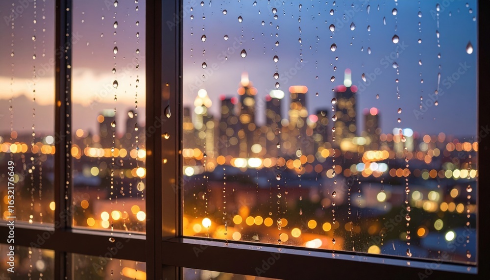 Fototapeta premium Rainy Night City View Through Window