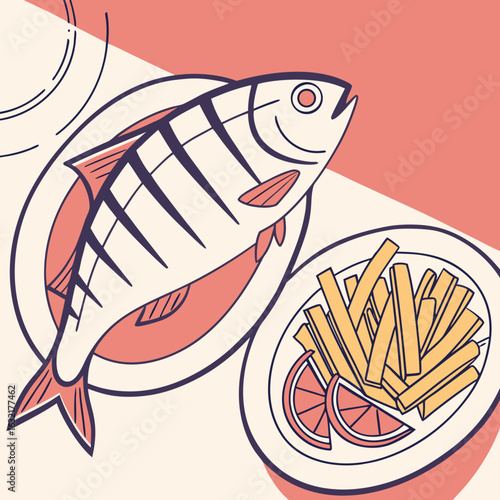 Grilled fish with French fries and lemon slices on a colorful plate  