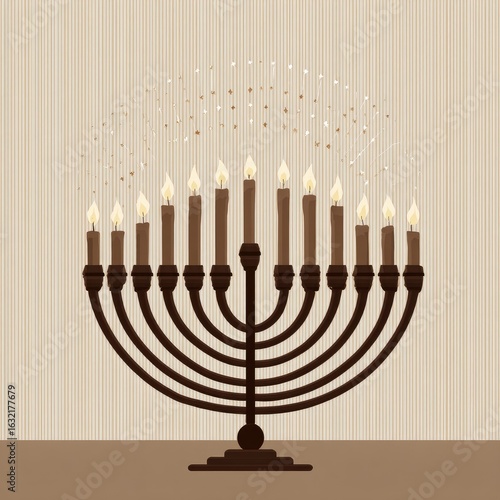 Hanukkah menorah with burning candles and glitter