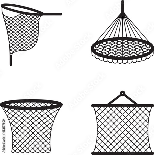 Gillnet and fish trap vector icon set isolated on transparent background