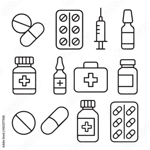 Medical Line Icons: Set Pills, Syringe, Medicine Bottles, Ampoules, First Aid Kit, medicine line icons, healthcare, pharmacy symbols, pills, capsule, syringe, vaccine,.