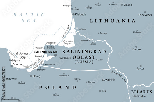 Kaliningrad and vicinity, gray political map. Kaliningrad Oblast, exclave and westernmost federal subject of Russia on Baltic Sea, between Lithuania and Poland. With strategic choke point Suwalki Gap.