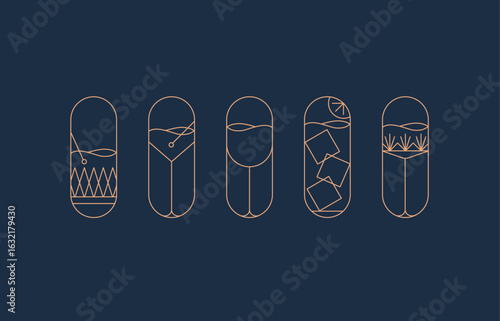 Art deco cocktail symbol set drawing in gold line style on blue background