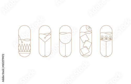 Art deco cocktail symbol set drawing in gold line style on light background