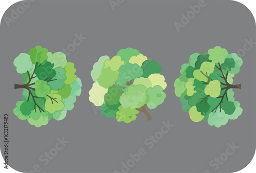 Top down view of three stylized trees with lush green foliage on a neutral gray background showcasing a simple and clean graphic design