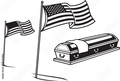 American Flags and Coffin on White Background casket funeral