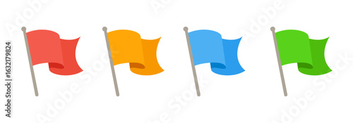 Set of colorful flags for marking locations on maps and navigation systems. Red flag, yellow flag, blue flag, green flag. Transparent background. Vector illustration.
