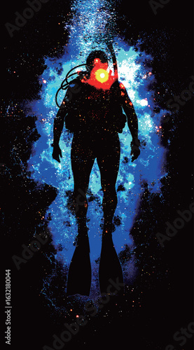 A man in a scuba suit is swimming in a blue ocean with orange and yellow lights in the background