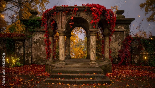 Fantasy autumn altar-style platform made from natural wood and stone, mystical woodland glade with ancient ruins, for showcasing luxury or fantasy themed products