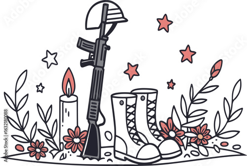 Fallen Soldier Memorial with Candle Rifle Boots Flowers Stars vector illustration