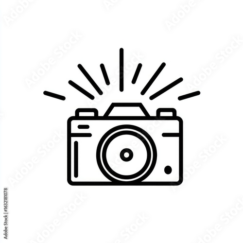 Simple line art camera icon with radiating light