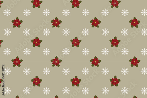 Poinsettia flower pattern – swatch available in swatches panel – seamless Christmas red flowers with snowflakes on beige background