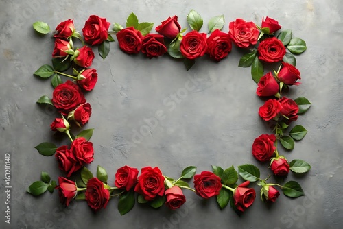 Romantic Red Roses Frame: Elegant Floral Border on Gray Background, Perfect for Valentine's Day or Wedding Invitations.