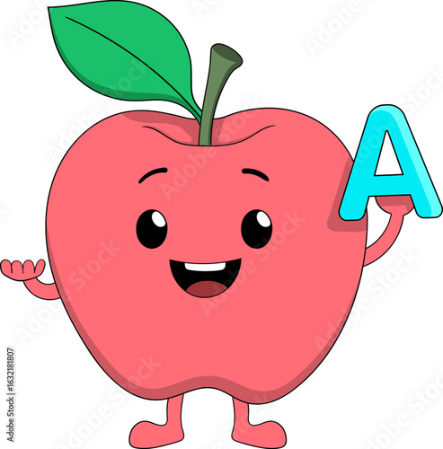 Smiling Apple Cartoon Character Holding Vitamin A Letter