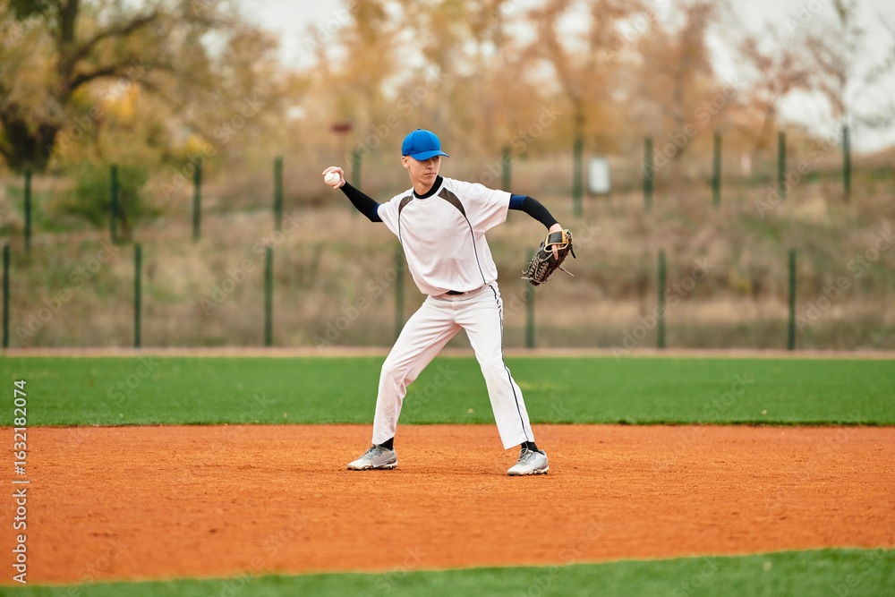 Talented teenage boy showcases skills playing baseball on a vibrant green field Talented teenage boy showcases skills playing baseball on a vibrant green field