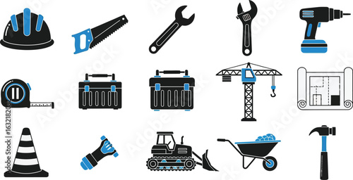 Construction equipment and tools icons in black and blue color on a white background illustration