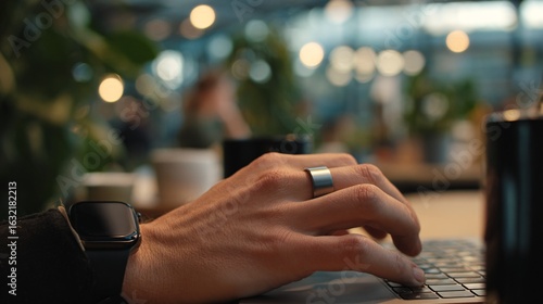 Smart Ring and Smartwatch on Typing Hand in Modern Workspace