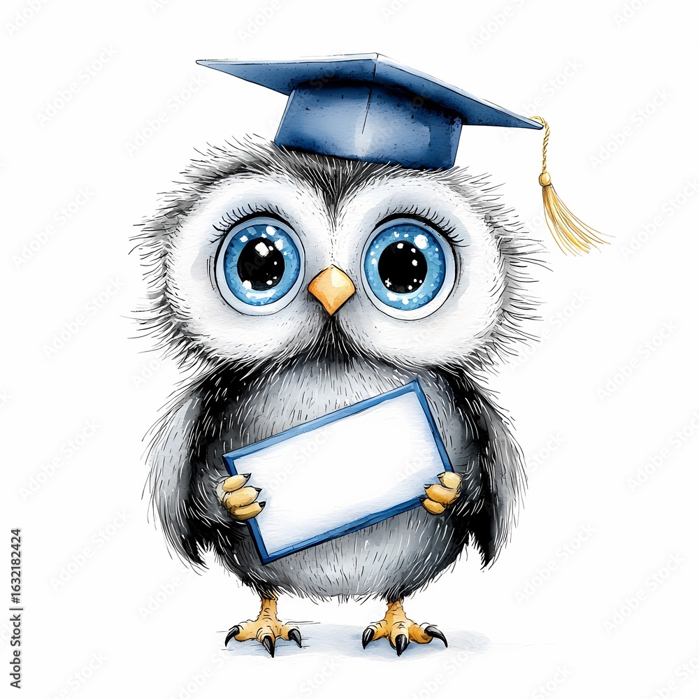 Fototapeta premium Graduation celebration for a wise owl outdoor classroom illustration art cheerful atmosphere close-up view educational concept