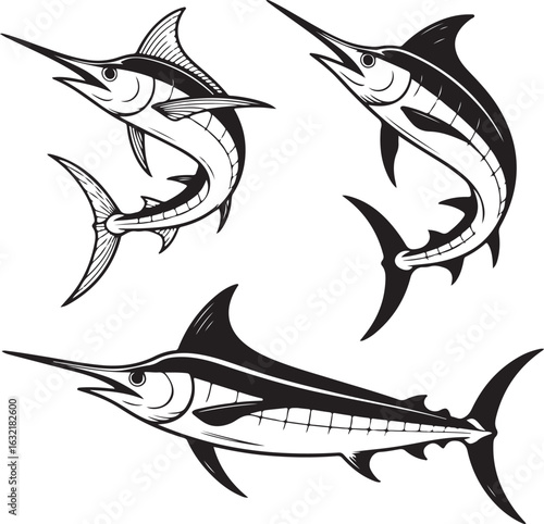 Marlin fish line art vector design collection isolated on transparent background