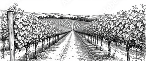  Etched Vineyard Intricate Line Art Depiction of Vineyard Rows